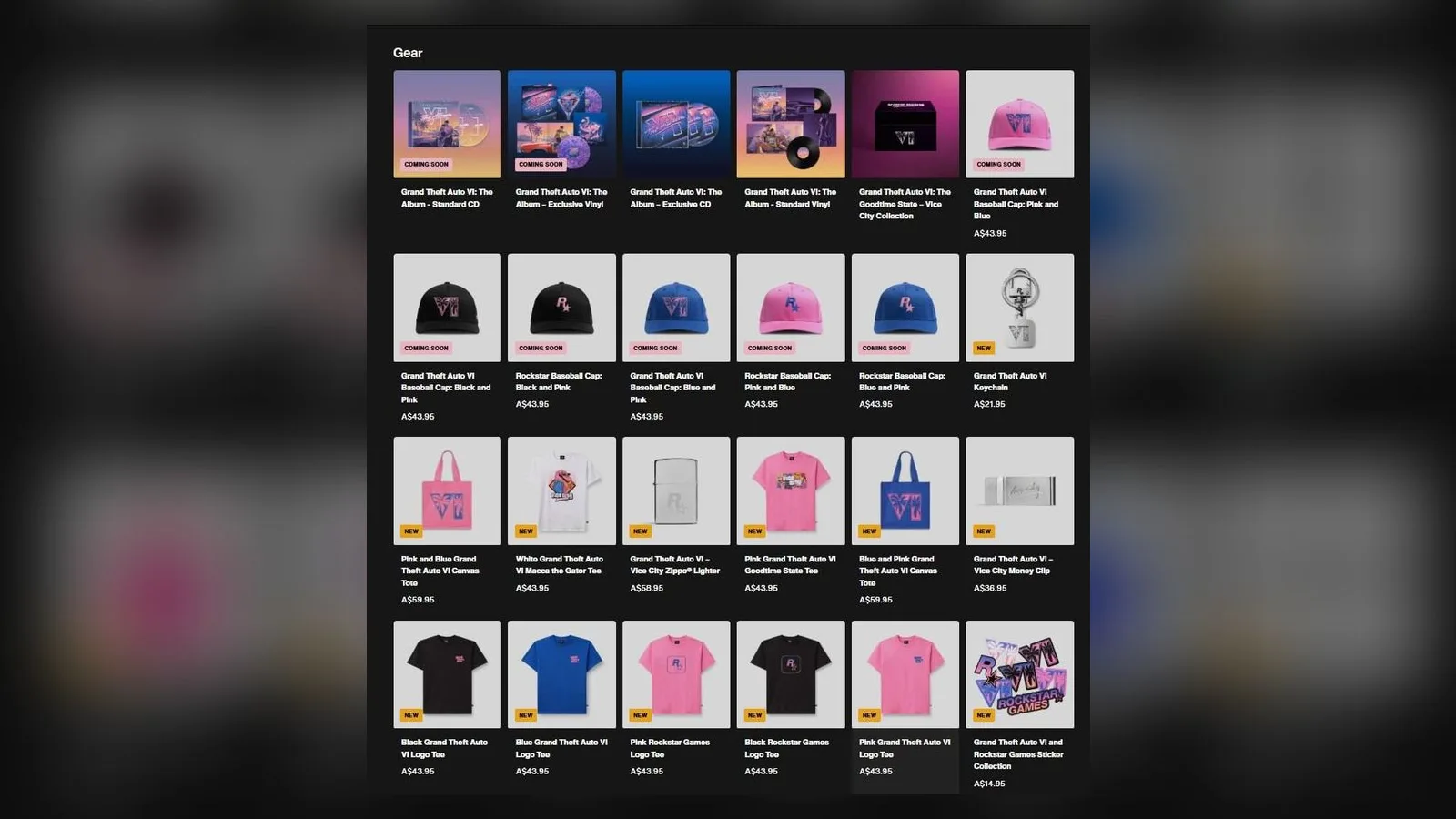 Gear page of the Australian Rockstar Store with the Grand Theft Auto VI Collection: album editions, caps, tees, totes, a keychain, a Zippo, a money clip and stickers, prices in Australian dollars (screenshot shared online)