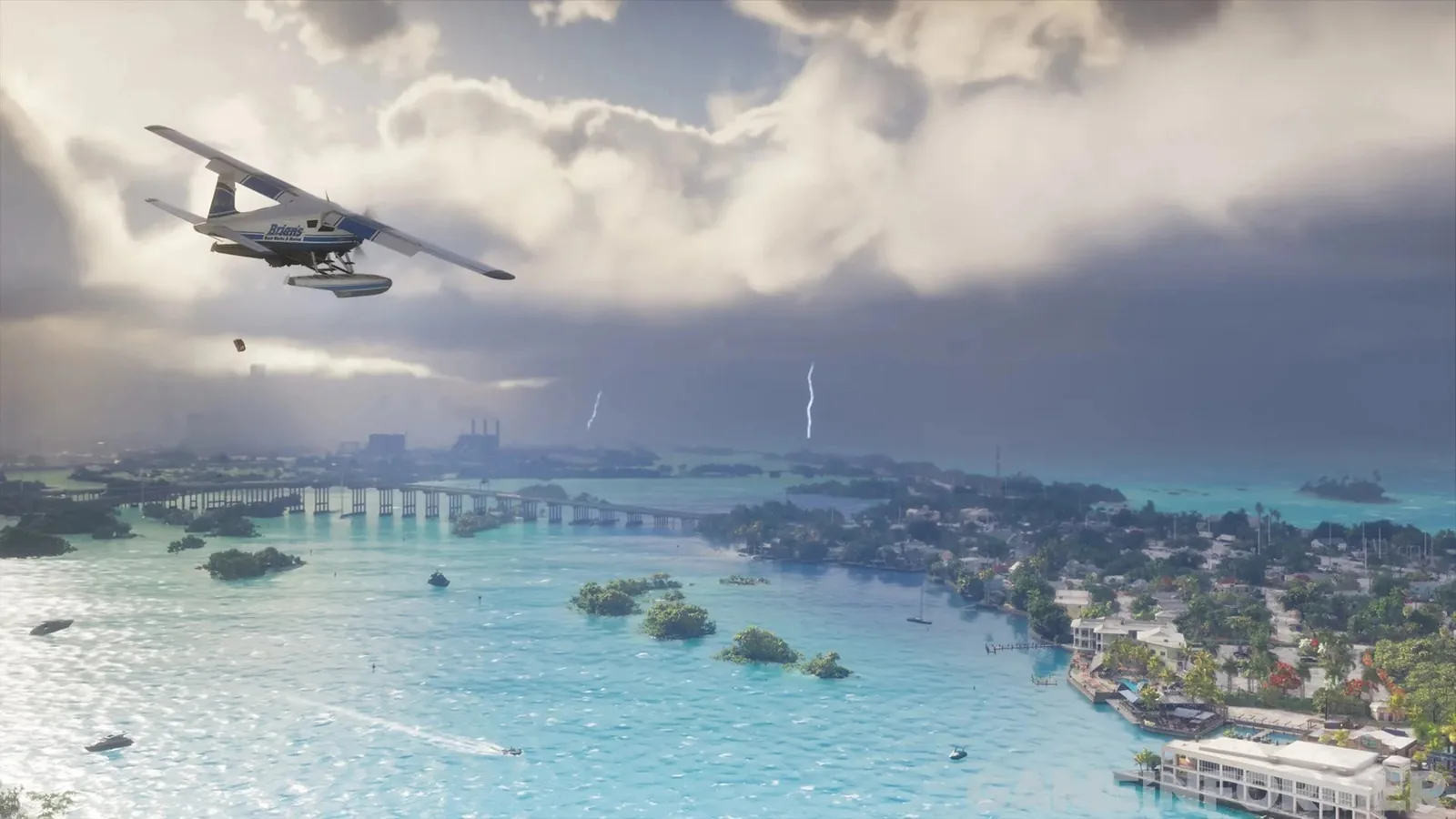GTA 6 screenshot from Game Informer — a seaplane over the Keys with a thunderstorm and lightning on the horizon