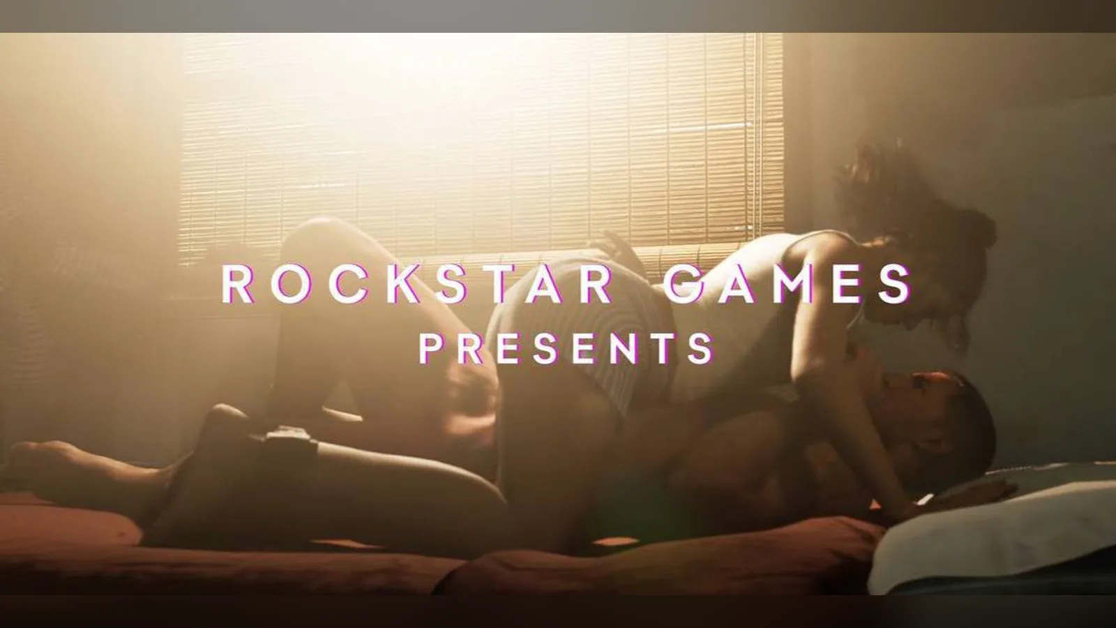 Lucia and Jason in bed in the morning sun, with the Rockstar Games Presents title card: a frame from the official GTA 6 trailer (used as an illustration; the PlayStation Australia ad itself is not shown)