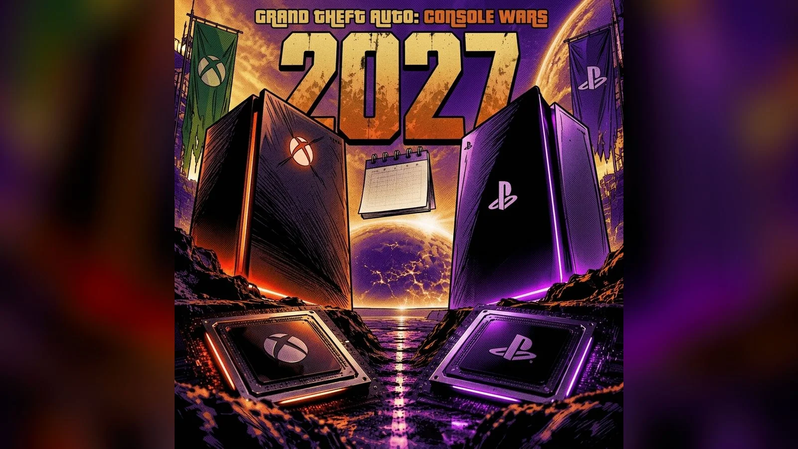 'Grand Theft Auto: Console Wars 2027' illustration — an Xbox and a PlayStation facing off
