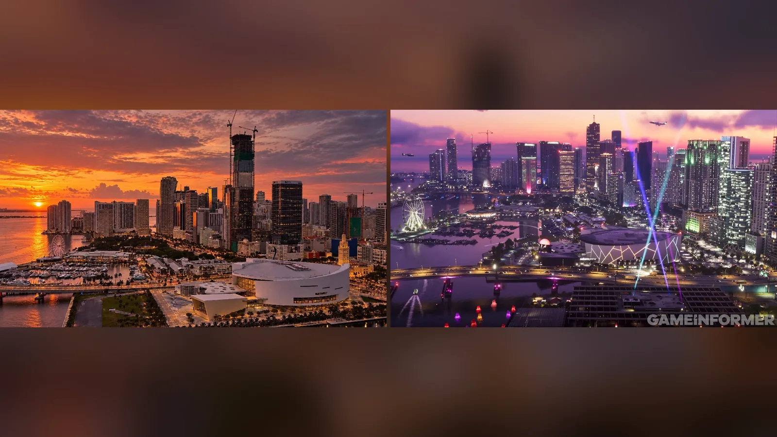 Side by side: a real photo of downtown Miami at sunset (left) and a GTA 6 screenshot of Vice City at dusk from Game Informer (right)