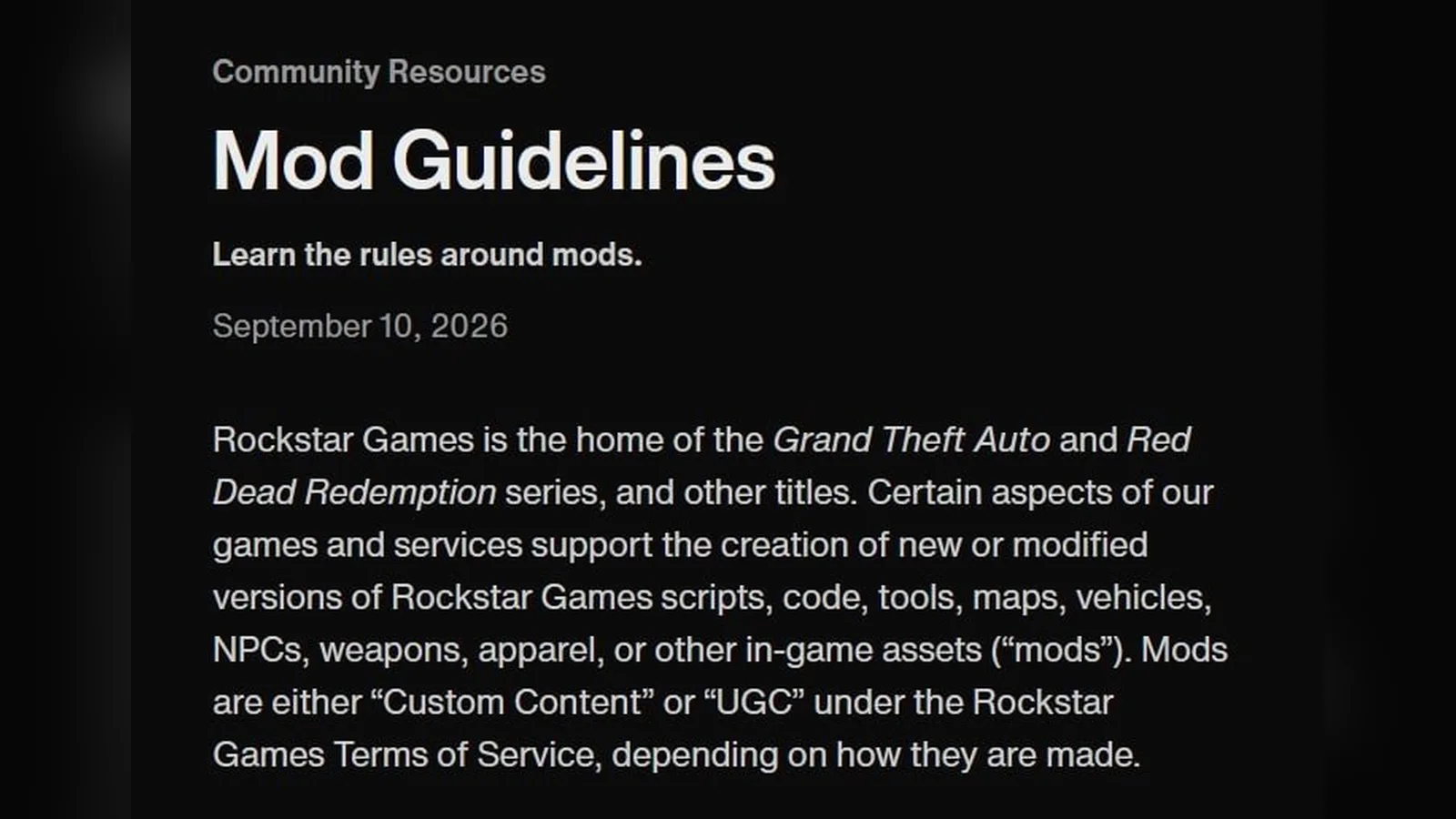 Rockstar Games 'Mod Guidelines' page dated September 10, 2026 — screenshot of the official site