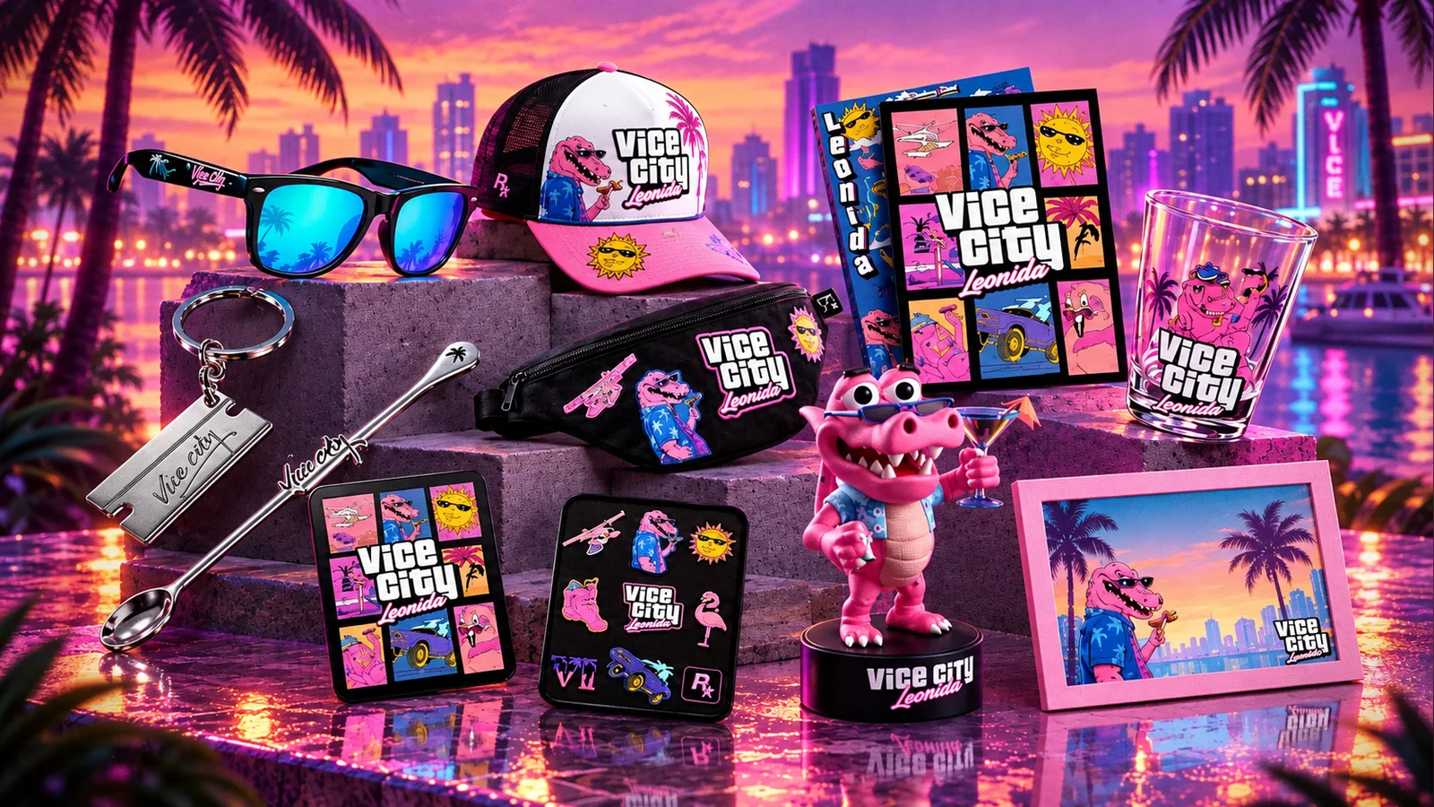 Vice City Collection items (Macca the Gator figure, Oakley sunglasses, New Era cap, bag, pins, shot glass, mirror) in a fan-made composite over Vice City, image by GTA 6 | Rockstar News