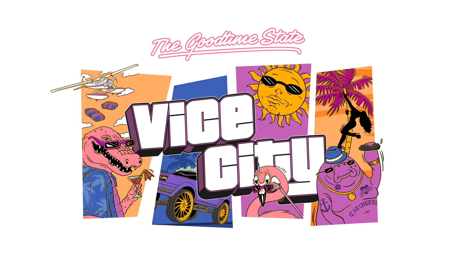 'The Goodtime State – Vice City' key art with Macca the Gator, a flamingo, a lowrider and a manatee (official Rockstar artwork)