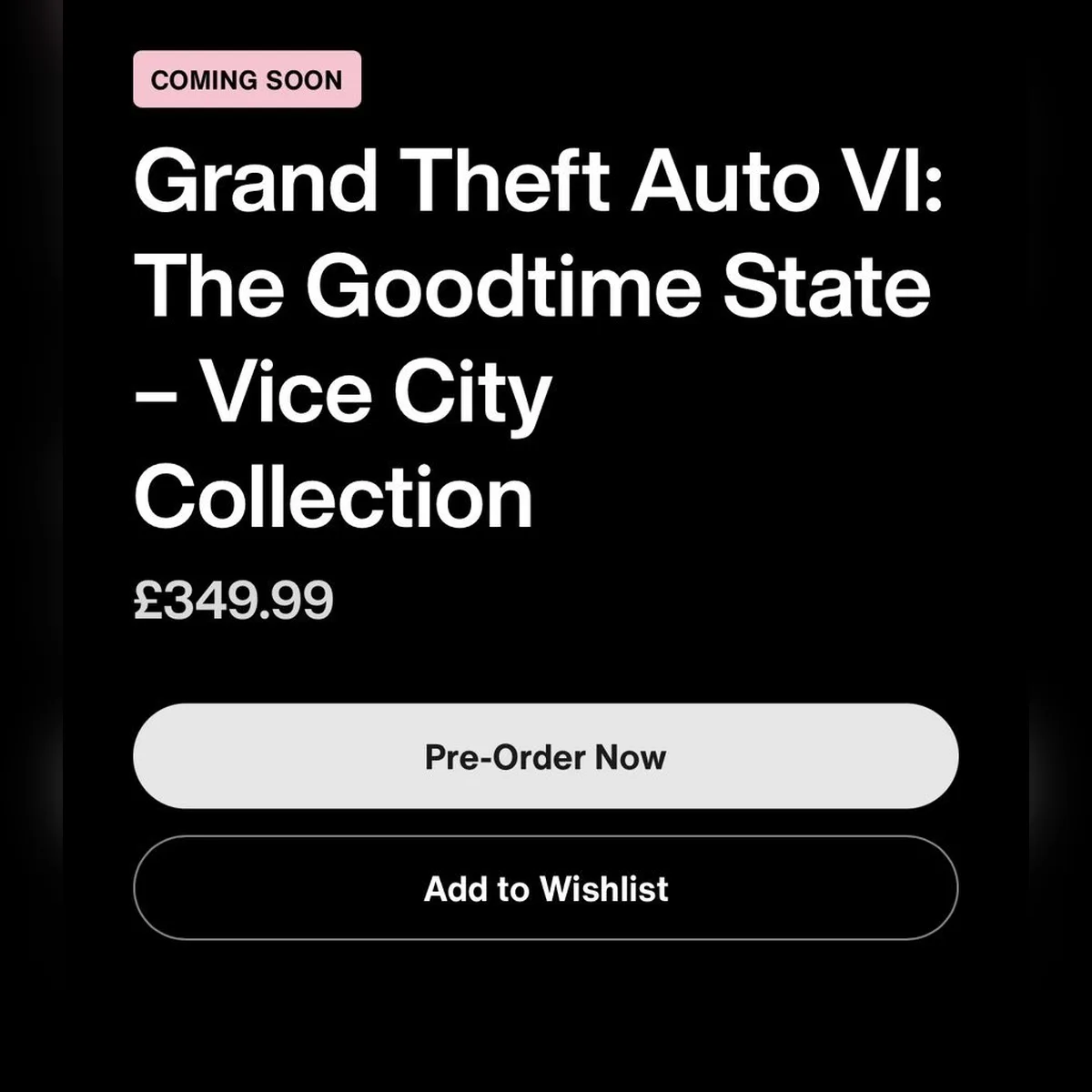 Rockstar Store UK listing for The Goodtime State – Vice City Collection at £349.99, still open for pre-order (screenshot)