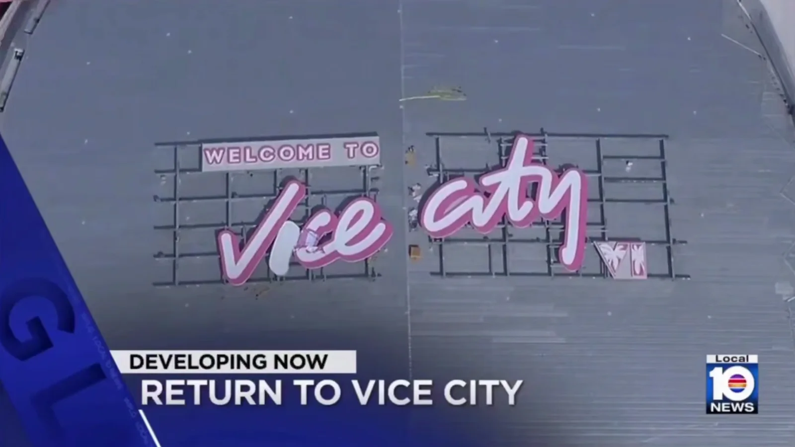 'Welcome to Vice City' sign on the Kaseya Center roof in Miami — aerial TV news shot (Local 10 News)