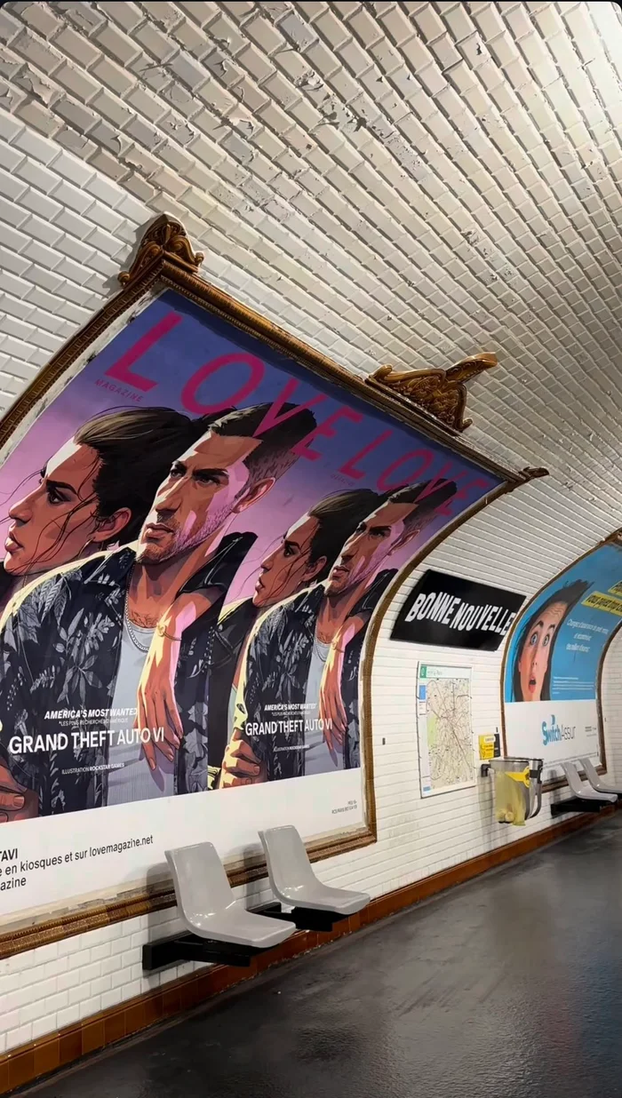 GTA 6 poster of Jason and Lucia on the curved tiled wall of the Bonne Nouvelle metro station in Paris (photo shared online)