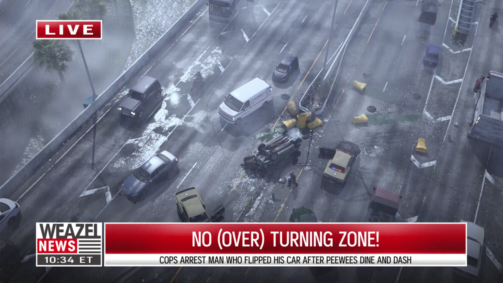 Weazel News: 'No (Over) Turning Zone!' — cops arrest man who flipped his car after a dine and dash — official trailer screenshot