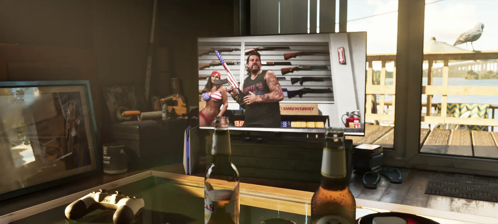 A gun shop TV commercial shown in-game — official trailer screenshot