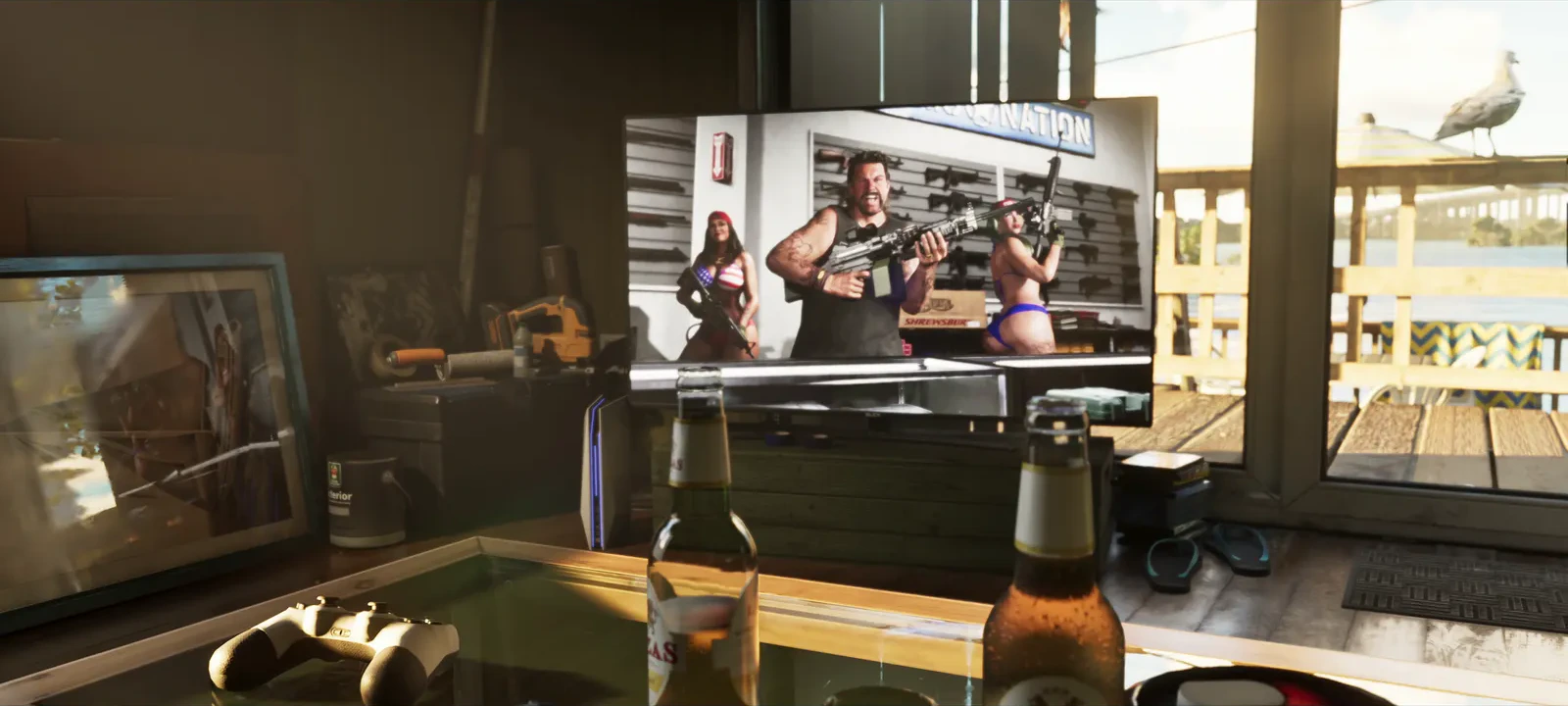A gun shop TV commercial shown in-game — official trailer screenshot