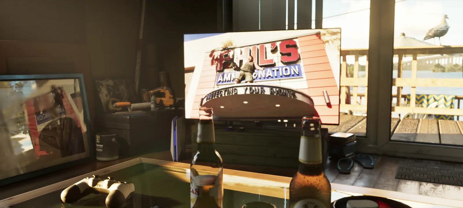 A gun shop TV commercial shown in-game — official trailer screenshot