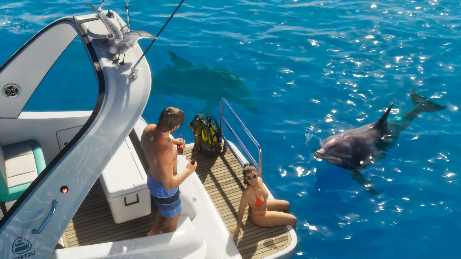 Bottlenose dolphin alongside the Squalo — official Rockstar press art