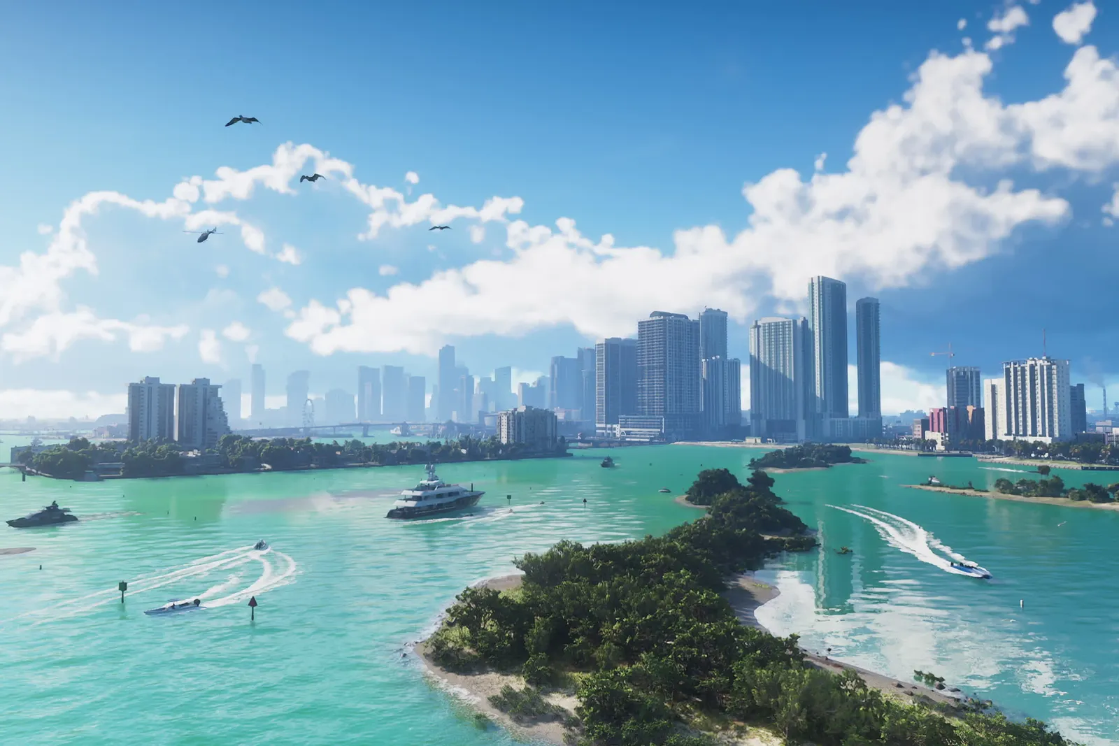 Vice City skyline across the bay with a causeway bridge crossing the water — official Rockstar press art